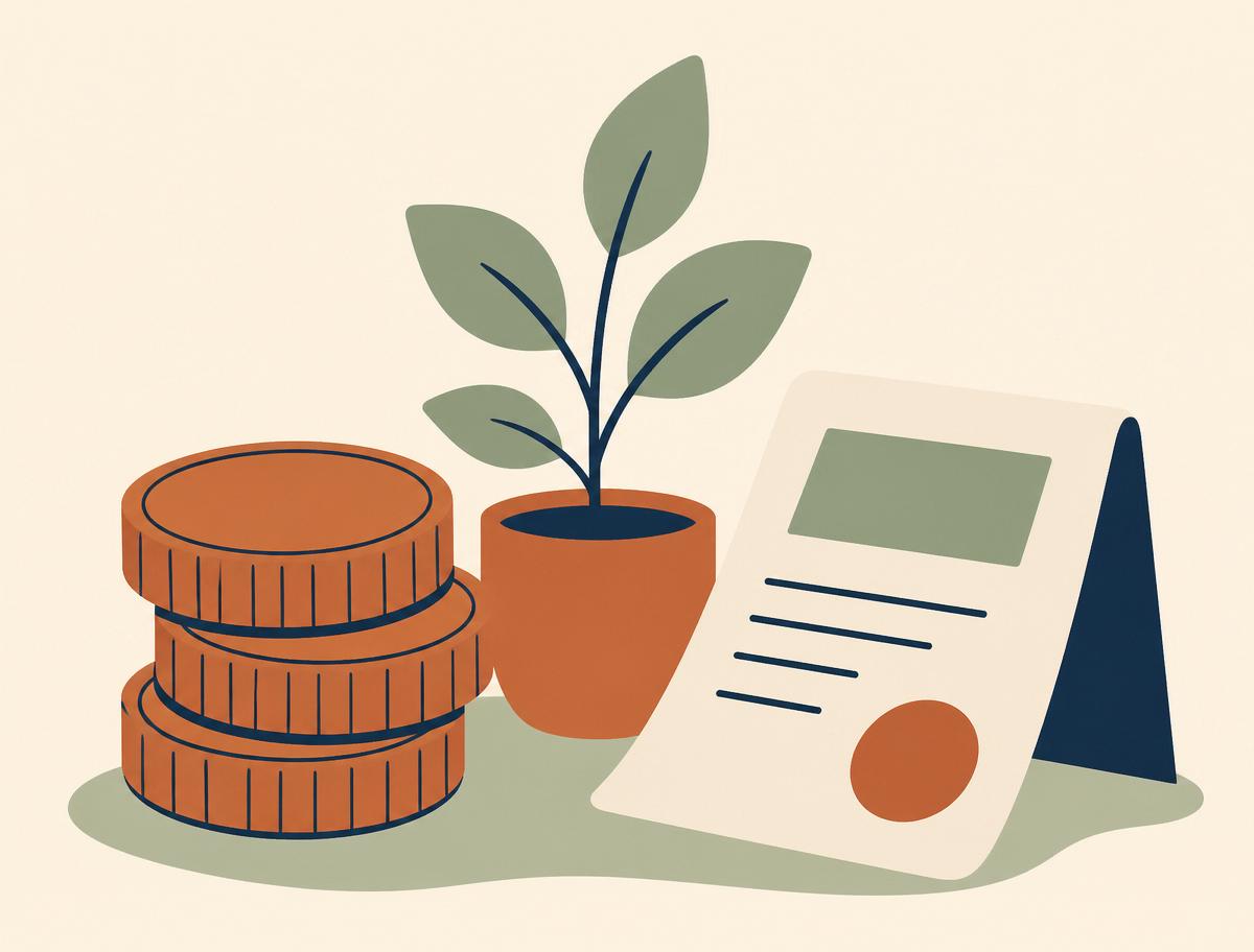 Illustration of coins, a receipt, and a growing plant