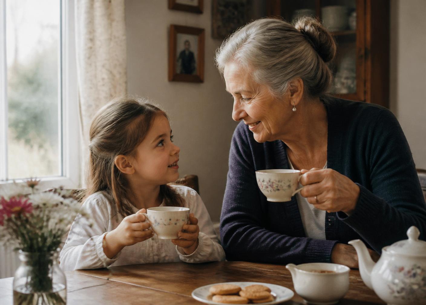 An older woman having tea with her granddaughter at home