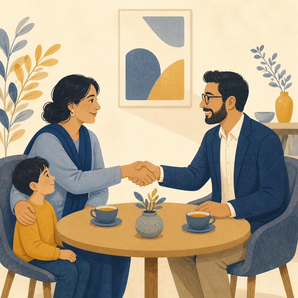 A family shaking hands with an advisor across a table
